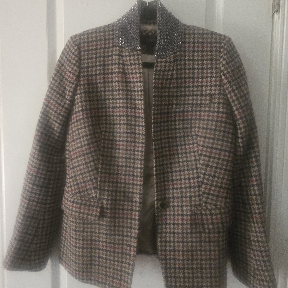 J. Crew Houndstioth Blazer with Jeweled Collar